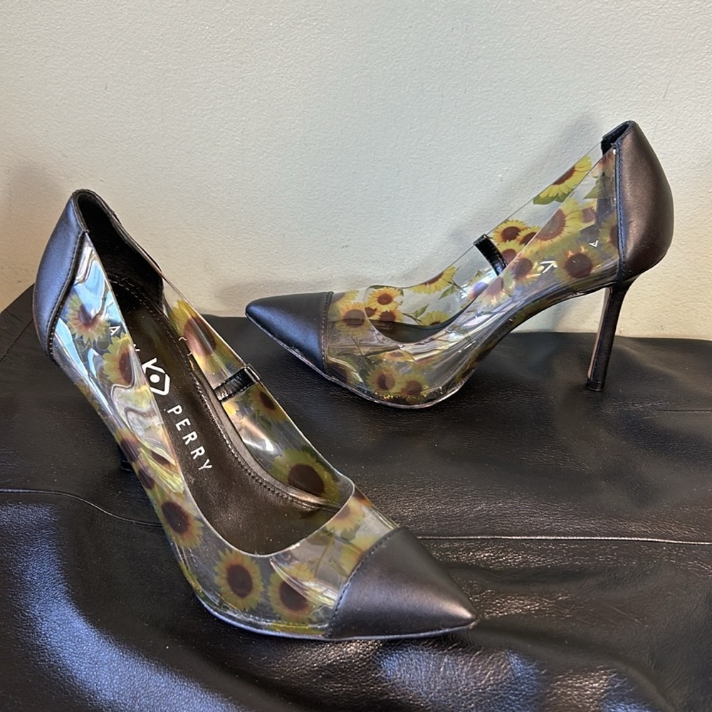 Katy Perry Black Clear Floral Sunflower The Meline Heeled Pumps Shoes - Picture 3 of 14